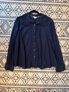 Boden Navy Lace-Trim Button-Down Cotton Blouse 12